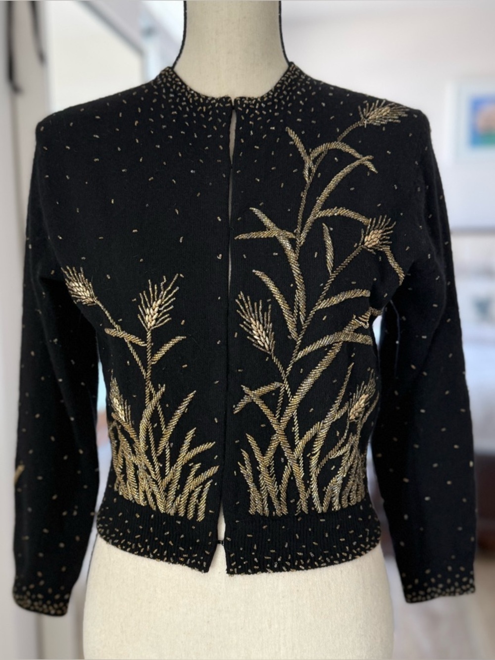 Vintage Hong Kong Beaded Wheat Motif Cardigan Sweater Black Gold Sz 36